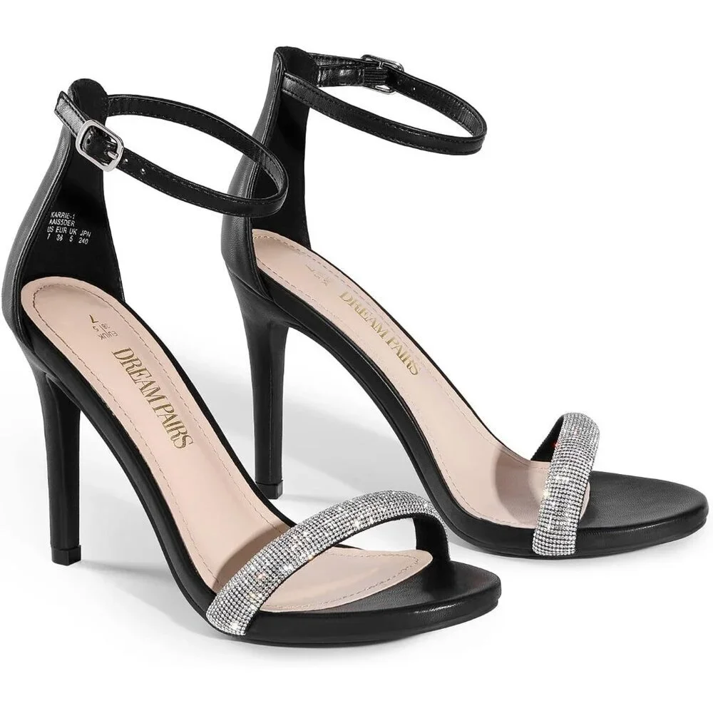 Women's Black-Rhinestone Flower Ankle Strap Stiletto Round Open Toe Stylish Heel